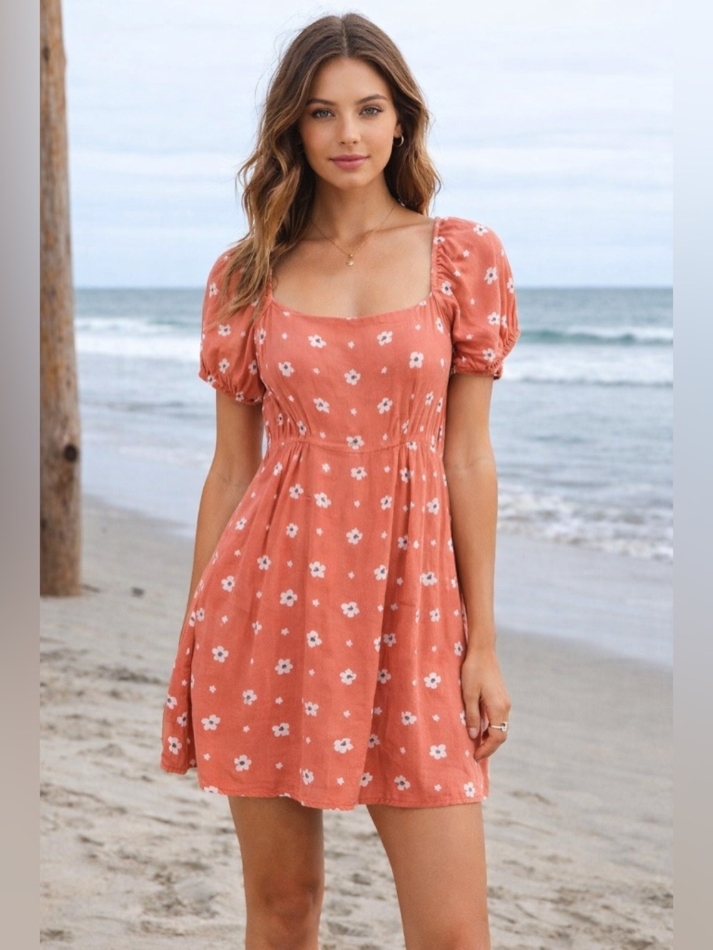 O'Neill | Mandia Short Sleeve Floral Mini Dress Peach Smocking - Size S